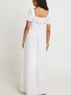 White Poplin Dress Puff-Sleeve Maxi Cotton Cottage Cottage Core Size Small